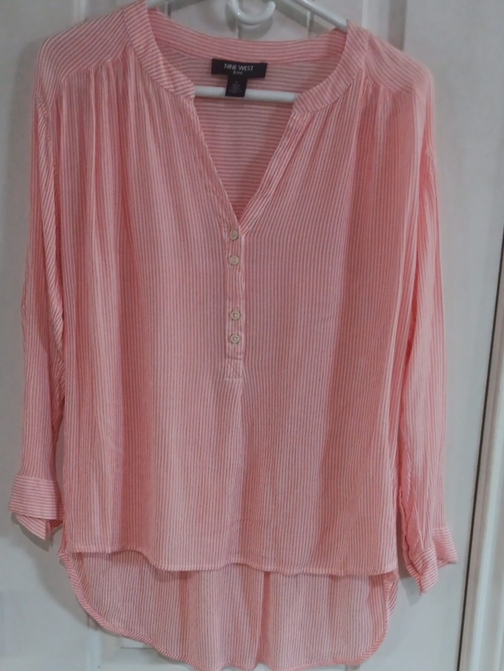 Nine West Jeans Y2K Georgia Coral Striped Viscose Popover Blouse Top Small S